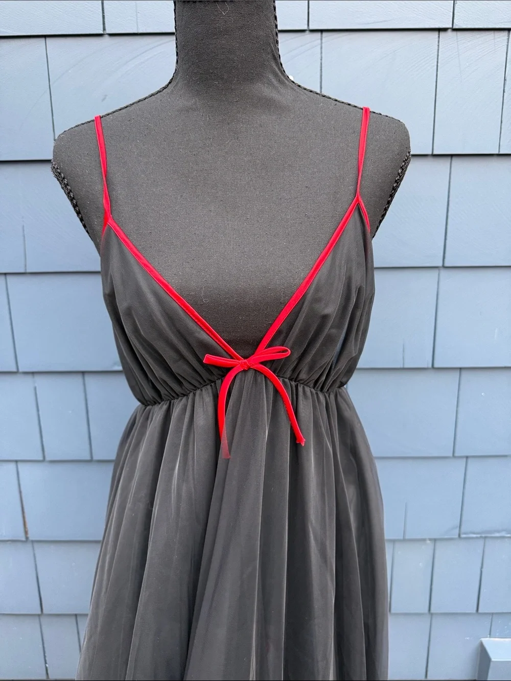 Jill Andrea of New York Vintage Black Mesh Handkerchief Hem Dress with Red Trim